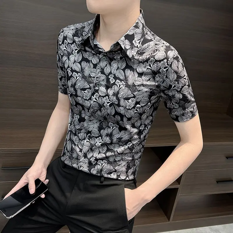 Men's Premium Ice Silk Short Sleeve Shirt Summer Floral Print Slim Fit Lapel Top Casual Streetwear