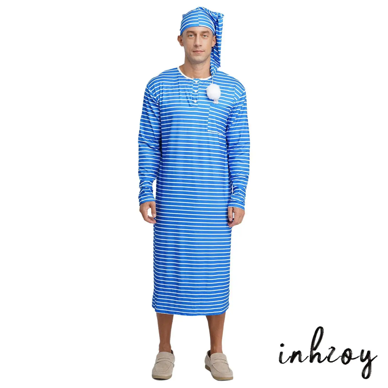 

Mens Festive Striped Sleep Set with Matching Pom Pom Hat And Long Robe Cozy Christmas Nightwear Sleepwear Pajamas Dress