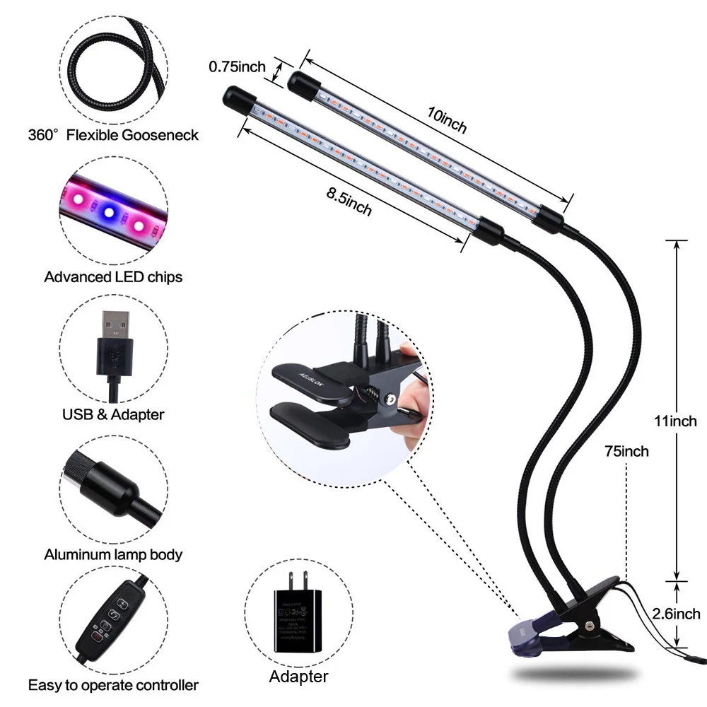 Dimmable Full Spectrum LED Grow Light, Desktop Clip, Timing ,ON/OFF Switch, 2 / 3 head , Clamp Grow Lamp For Indoor Plants