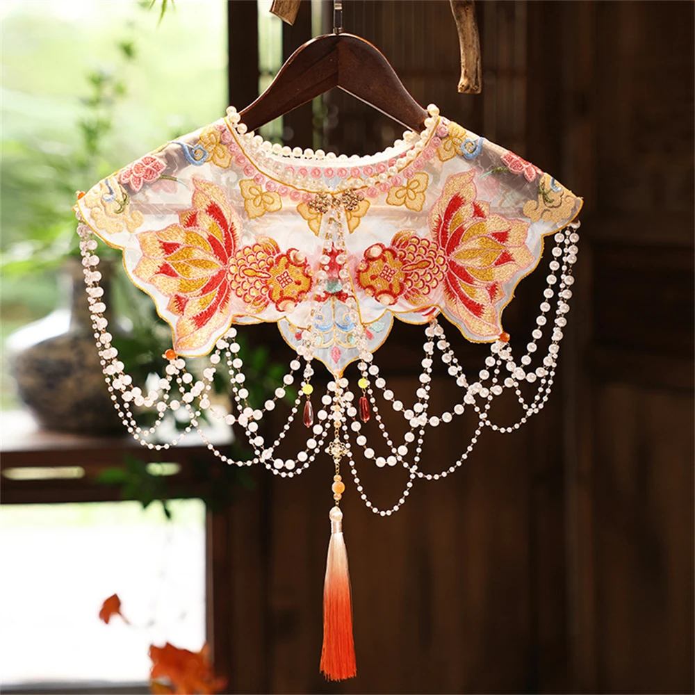 Vintage Embroidery Cheongsam Shawl Fashion Elegant Coat Girls Hanfu Tassel Cloud Shoulder Chinese Style Lace Beaded Fake Collar