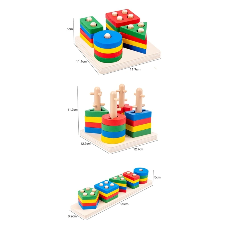 Brinquedos de empilhamento de madeira, forma, reconhecimento de cores, blocos correspondentes, empilhador para anos, meninos e meninas, 3 peças