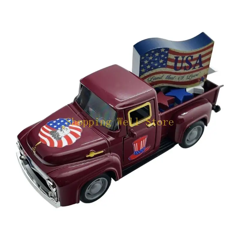 KX4B Metal Pickup Truck Model With American Flag Sign And Star Patriotic Home Decors