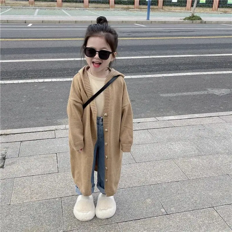 Autumn winter girls' hooded knitted cardigan Coat Korean version medium long lazy children's sweater jacket