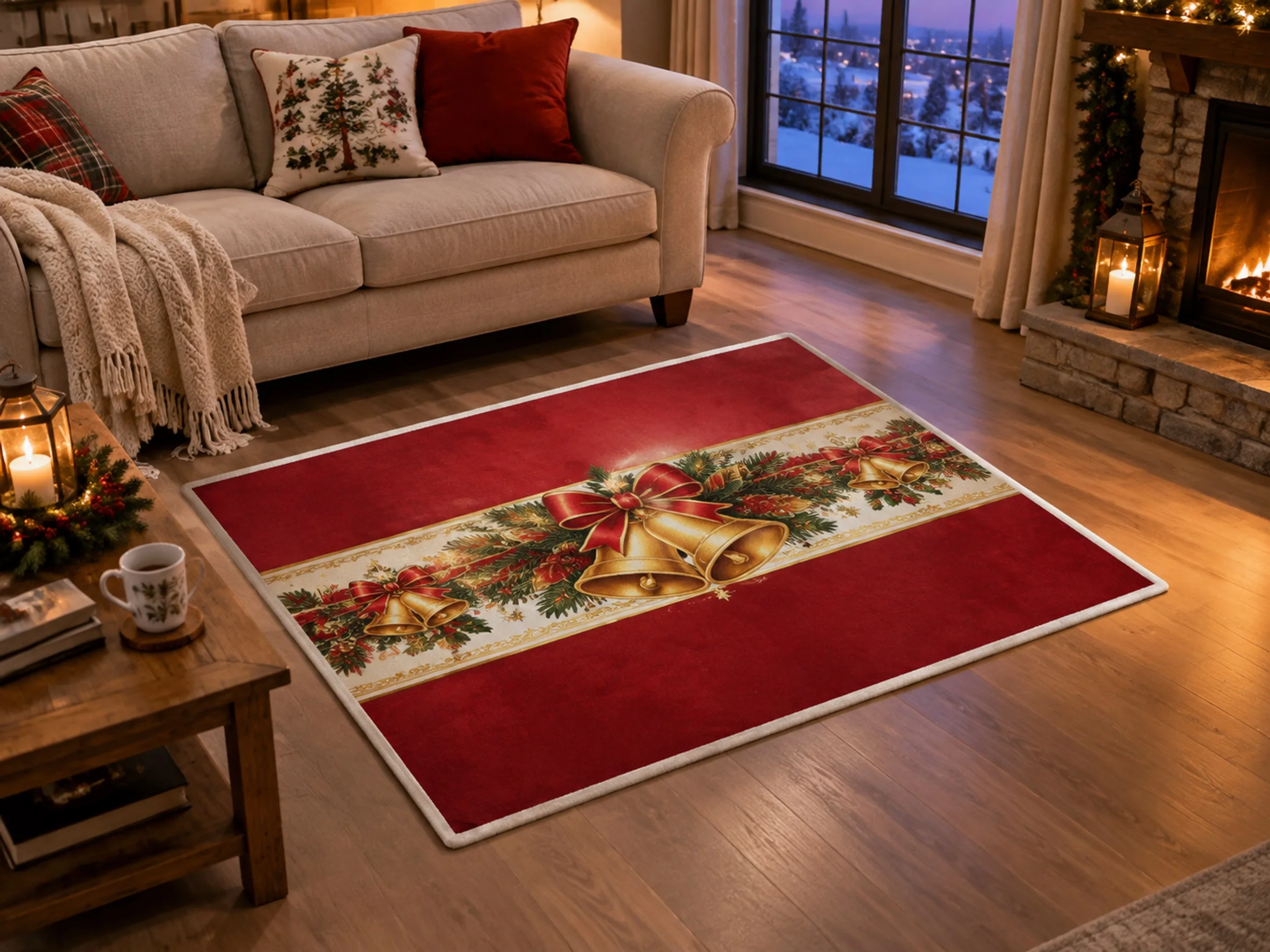 VIKAMA Christmas Burgundy Gold Bell Flannel Door Mat, Washable Quick Dry Xmas Mat, Xmas Decor for Farmhouse, Entryway