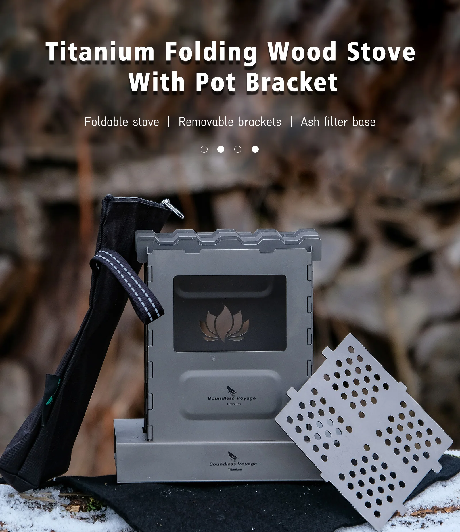 

Boundless Voyage Titanium Camping Wood Stove Outdoor Folding Burner with Pot Rack Lightweight Portable Charcoal Stove