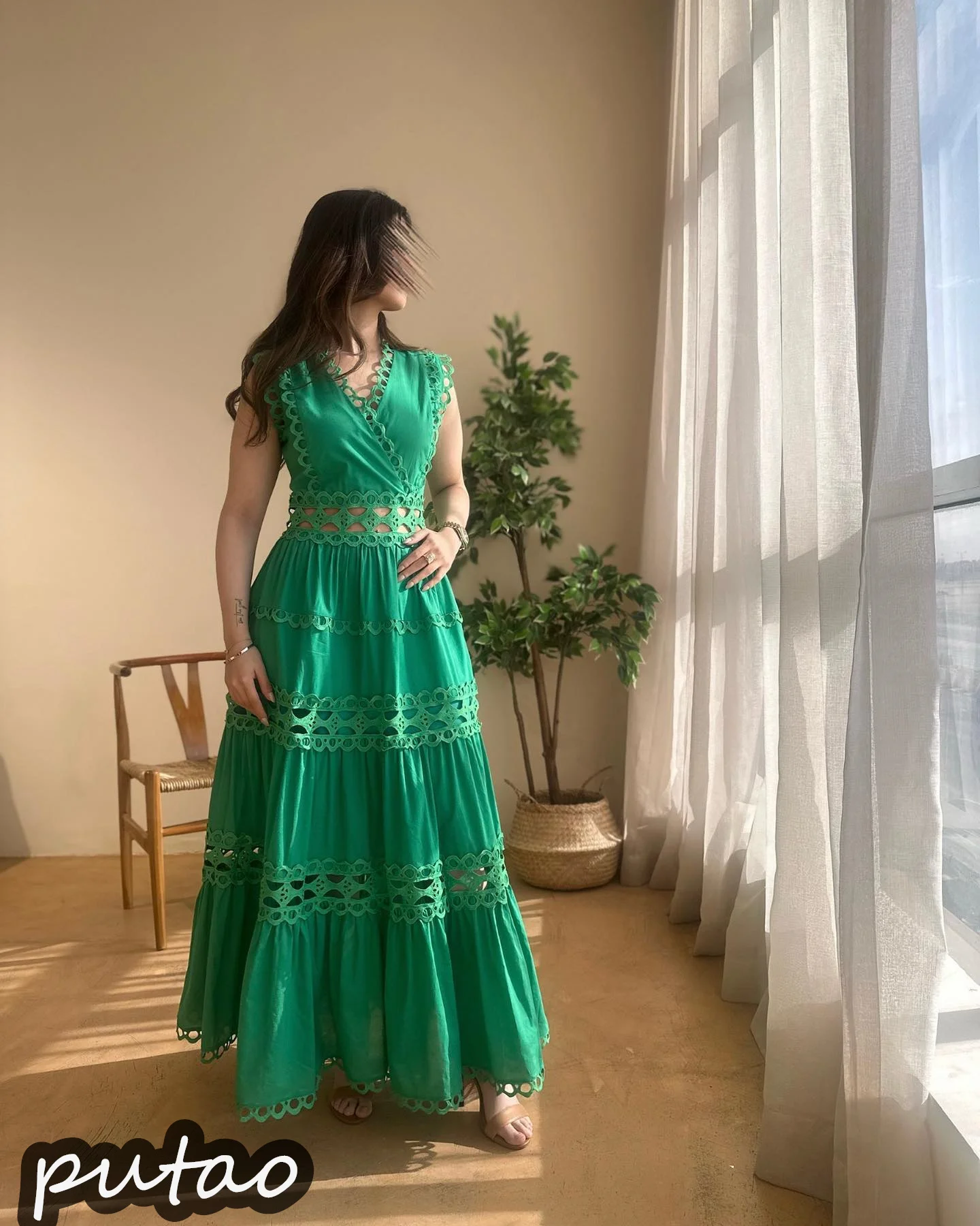 Putao 2024 Nieuw In Kant Vintage Groene Maxi Avondjurk Strand Stijl Bohemian Prom Dress Holle Mouwloze Gewaad V-Hals