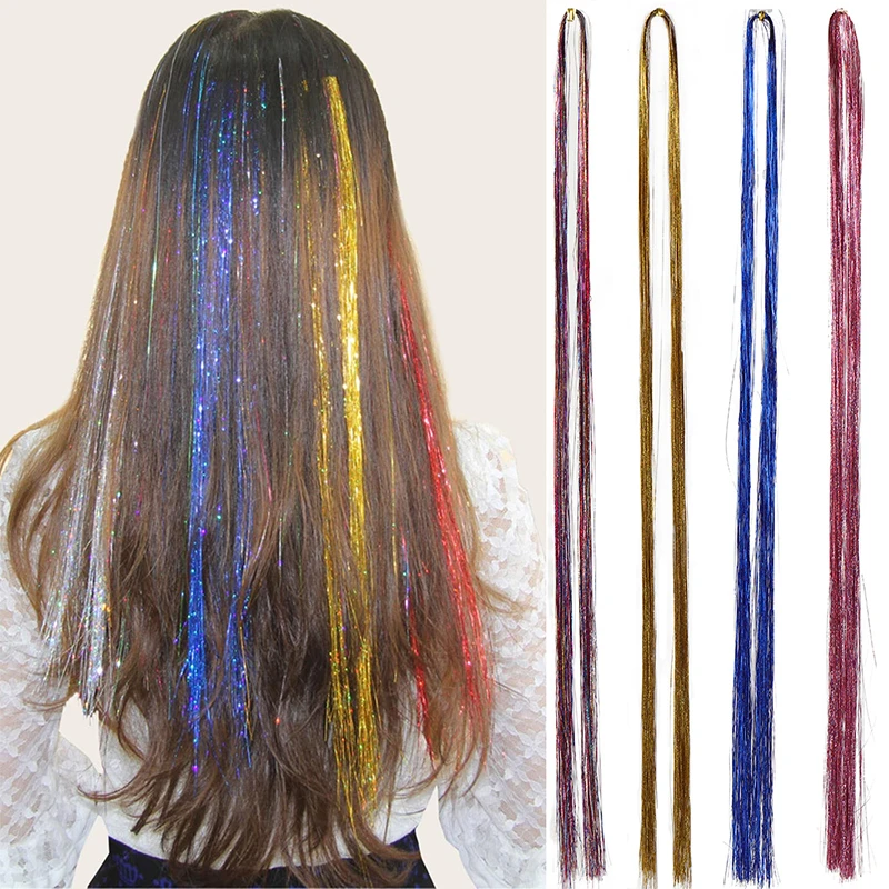 Colorful bright crochet hair extensions colorful silk rainbow silk synthetic fiber sparkling hair extensions party use