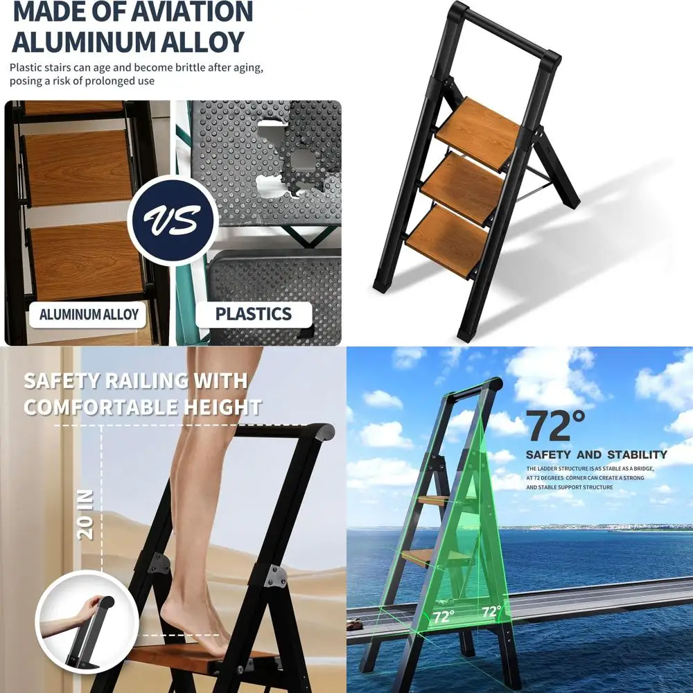 

Трехступенчатая лестница-стремянка с широкими ступенями и удобной ручкой, выдерживает нагрузку до 150 кг, стальная, для дома и офиса (черная и под дерево)