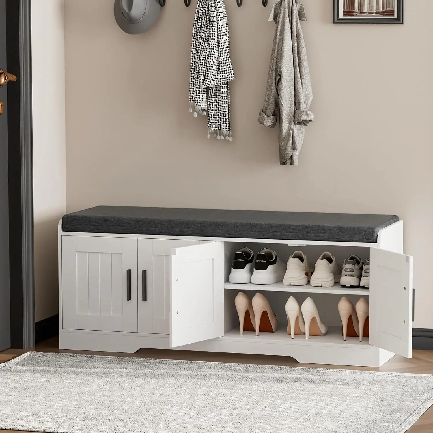 Shoe Storage Bench, 4 Doors & Thickened Padded Seat Cushion, Customized