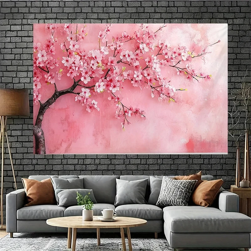 Vibrant Pink Cherry Blossom Tree Tapestry, Floral Art Wall Hanging Decor, Romantic Japanese-Inspired Home Aesthetic Gift