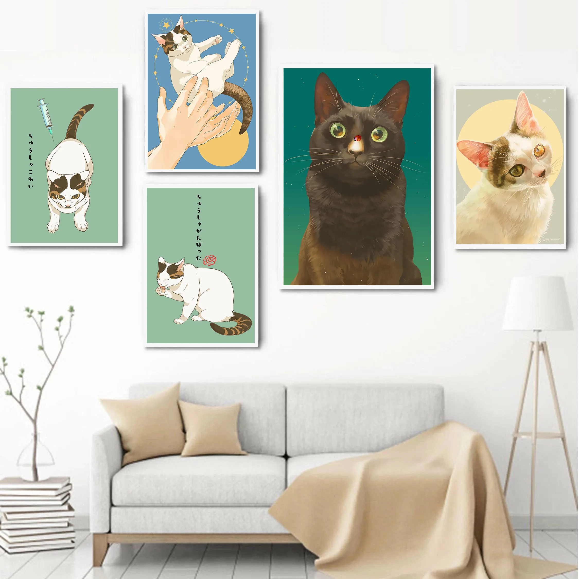 Cartoon Cats Licking Paw Posters Cat with Ladybug on Nose Modern Prints Canvas Painting Wall Art Pictures Home Living Room Decor