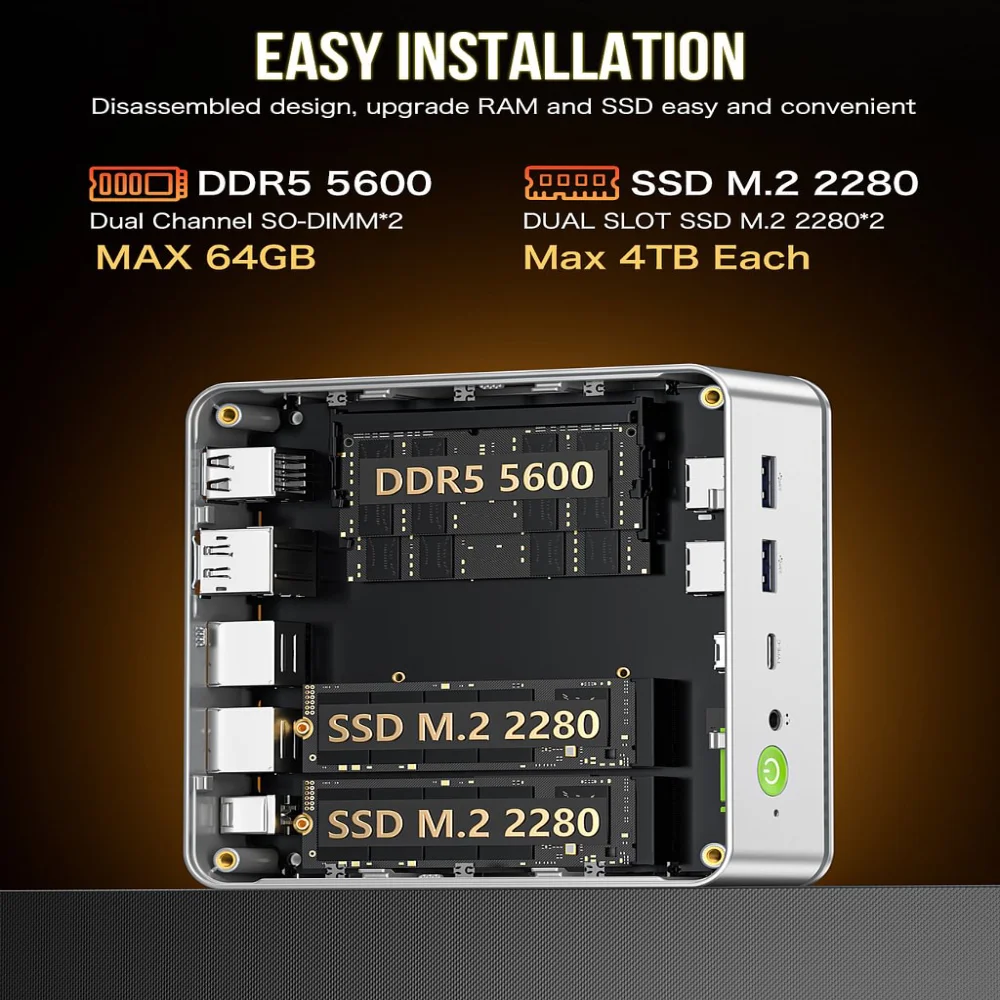 GMKtec K8 Mini PC AMD Ryzen 7 8845HS DDR5 0 + 0/16 GB di RAM 1 TB Supporto PCIe3.0/4.0 Finestra 11 Pro WiFi 6E Mini computer desktop USB4