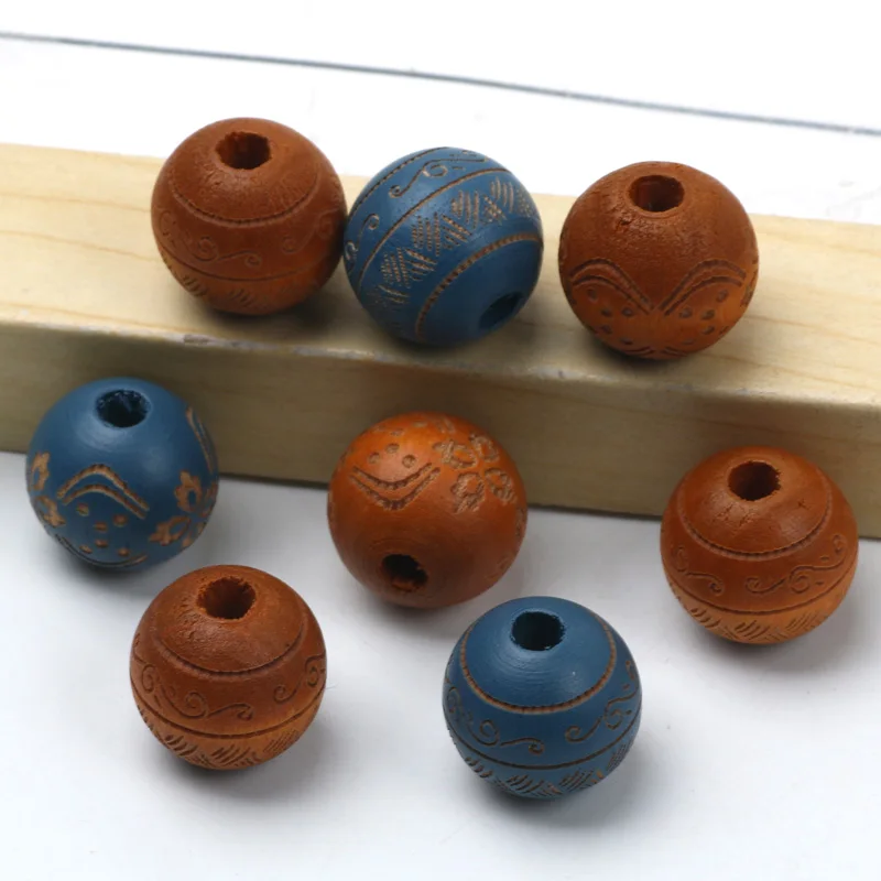 NEW Round Balls Beads With Colored Carved Charms Pattern Wood Beads 16mm Natural Wooden Beads For Jewelry Making DIY Accessories