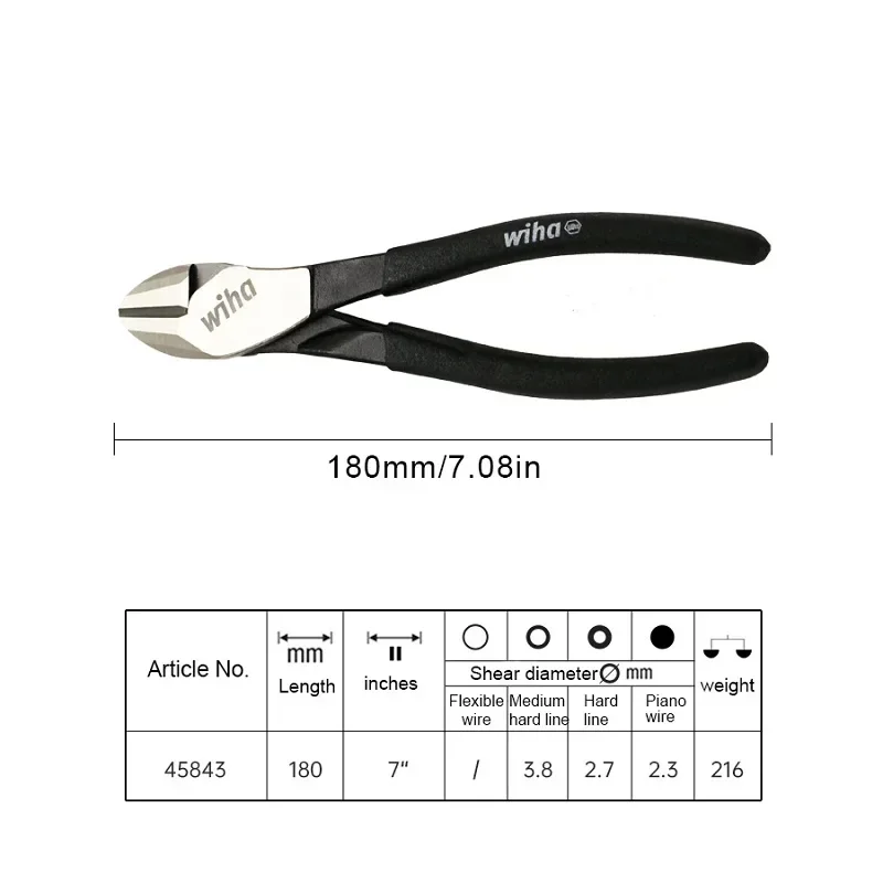 Wiha 45843 Black Forest Diagonal Pliers 180mm Long Patented-design Labor-saving Cable Cutter for Harder Steel Wires Iron Wires