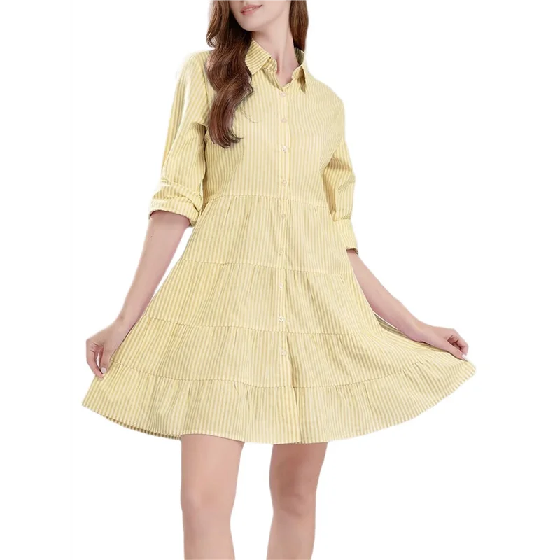 ASDS-robe chemise mi-longue rayée boutonnée pour femmes, décontractée, ample, revers, manches longues, robes mi-longues