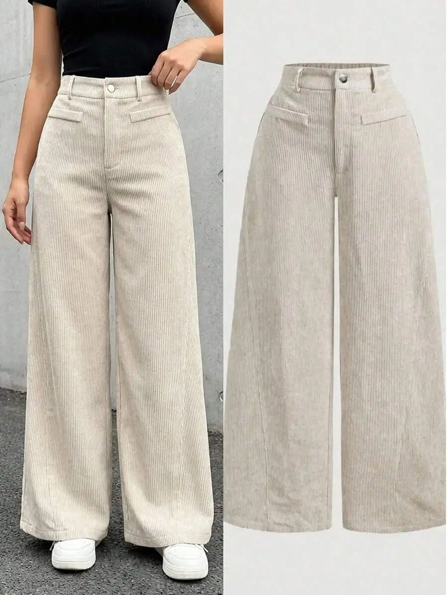 

Бежевые вельветовые брюки с широкими штанинами для девочек, свободные брюки с высокой талией для осени и зимы