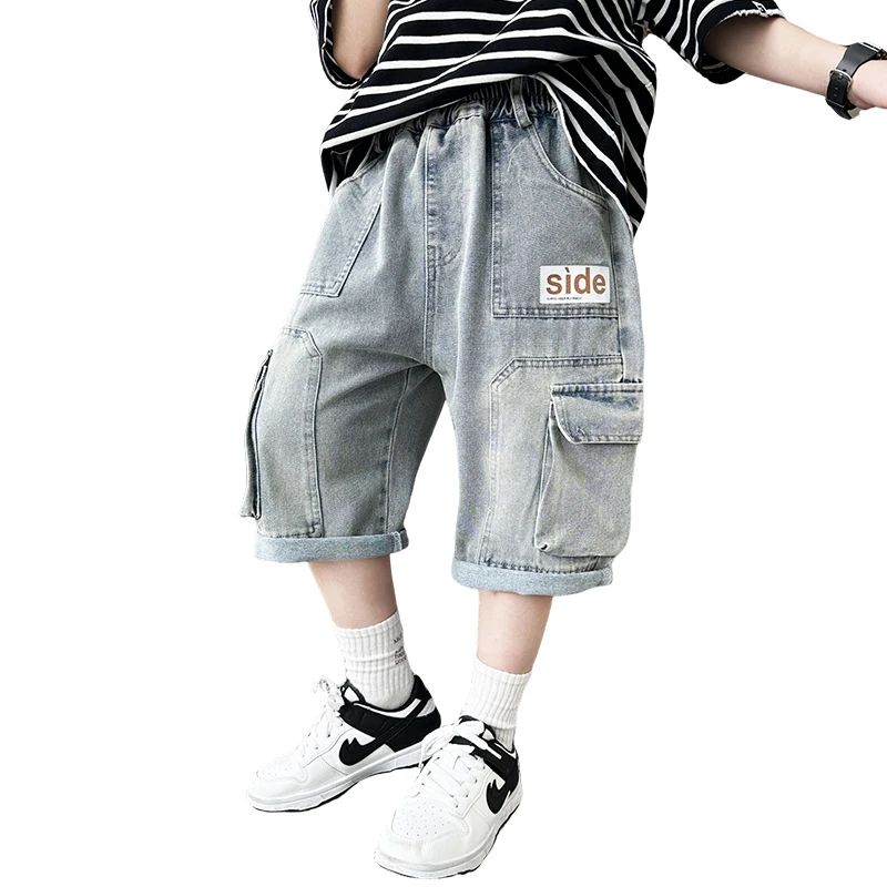 School Boys Casual Cargo Denim Shorts With Pocket Kids Child Loose Solid Elastic Waist Summer Jeans Shorts 5 6 7 8 9 10 11 12 13