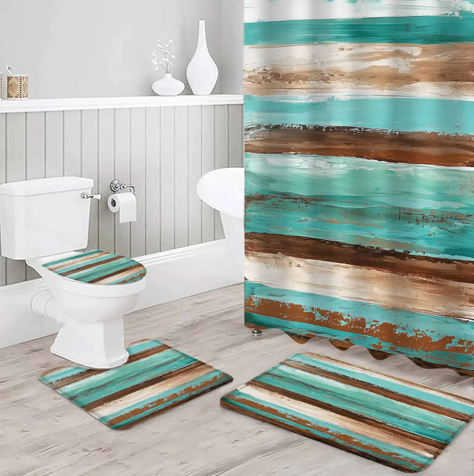 Turquoise Gradient Polyester printed shower curtain bathroom set,luxurious curtainsabstract 4-piece setcoral fleece floor mat