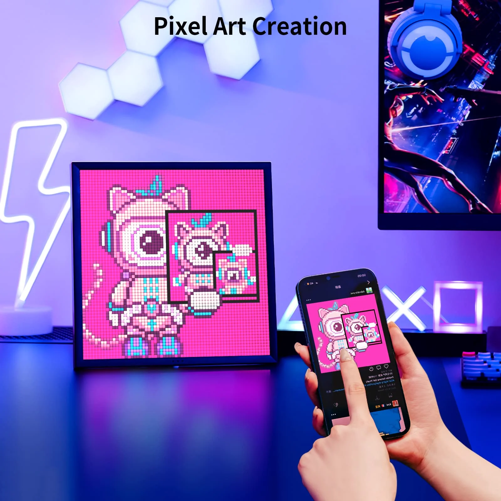 Divoom Pixoo 64 Digital Photo Frame with 64*64 Pixel Art LED Picture Electronic Display Board,Neon Light Sign Home Decoration