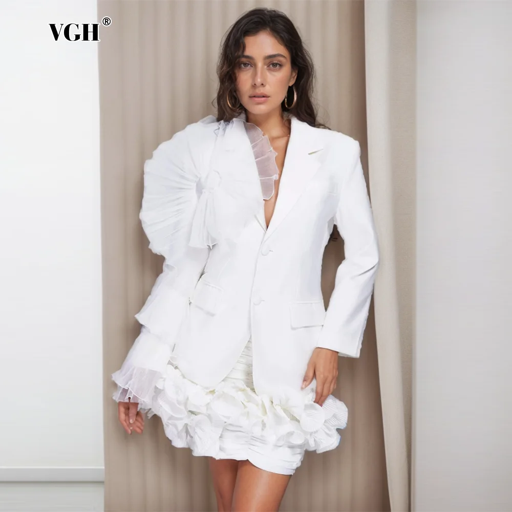 VGH Elegant Patchwork Mesh Ruffles Solid Blazers For Women Notched Collar Long Sleeve Temperament Loose Blazer Female Fashion