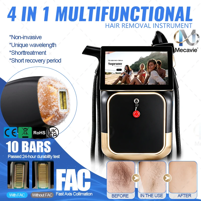 2026 Newest 4‑In‑1 Soprano Titanium Laser Hair Removal Machine FAC Tech 755/808/940/1064nm 4 Waves ND:YAG RF 5000W Painless