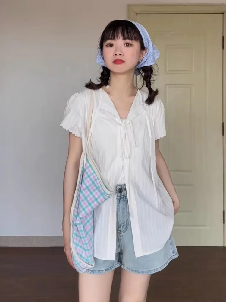 Damska bluzka w stylu Y2k z kołnierzykiem, bandażami, jednolita, codzienna, zapinana na guziki, grunge, luźna koszula Harajuku, streetwear, bluzki