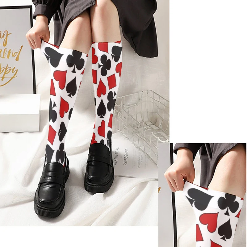 Playing Card Printed Thigh Stockings Ladies Fashion Sexy Red Heart Sweet Stockings Halloween Cosplay Calf Socks High Quality