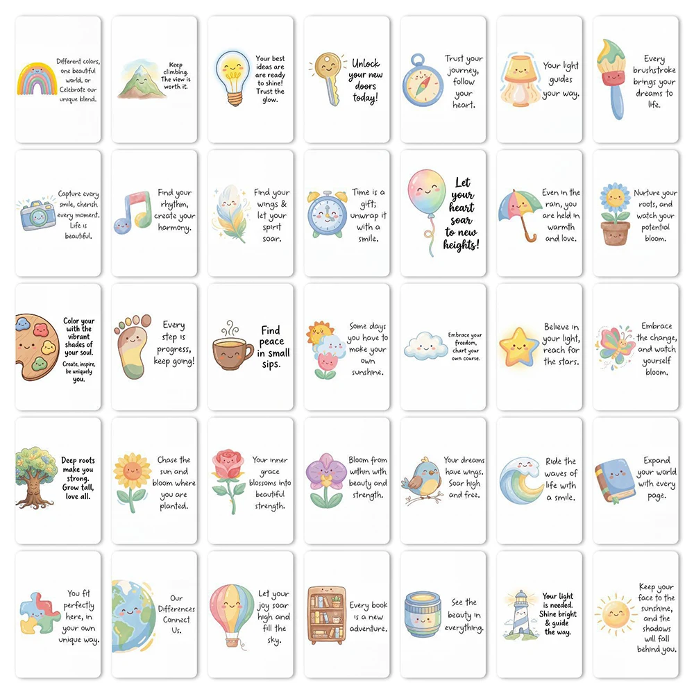 36 cute motivational phrase cards, hand drawn cartoon style, encouraging to others, positive energy motivational cards