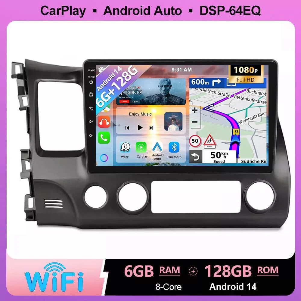 

Беспроводная Автомагнитола Carplay для Honda Civic 2005 2006-2012, мультимедийный видеоплеер, навигация GPS, 2 Din, BT, 4G, Wi-Fi, аудио, стерео