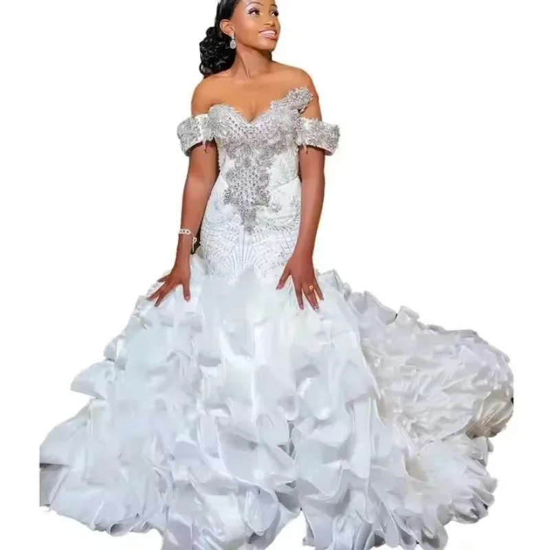 Customized Arabic Aso Ebi Plus Size Mermaid Wedding Gowns Bride Off the Shoulder Appliques Crystals Ruffles Bridal Gown