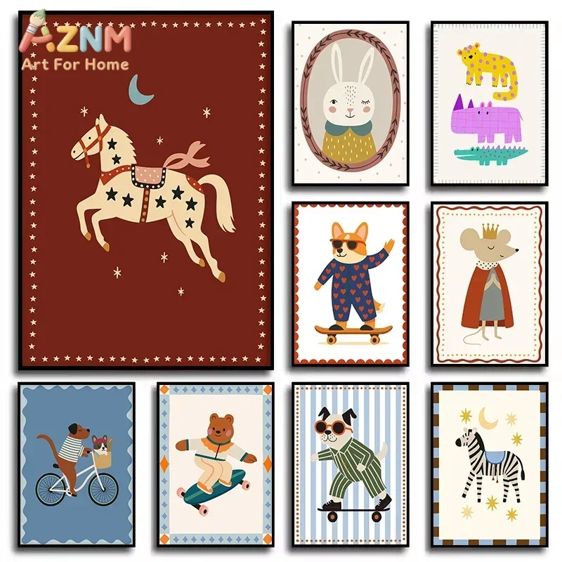 AZNM Cute Cartoon Animals Rocking Horse Canvas Wall Art, Retro Folk Kids Animal Print, Unframed Canvas Painting for Baby Nursery