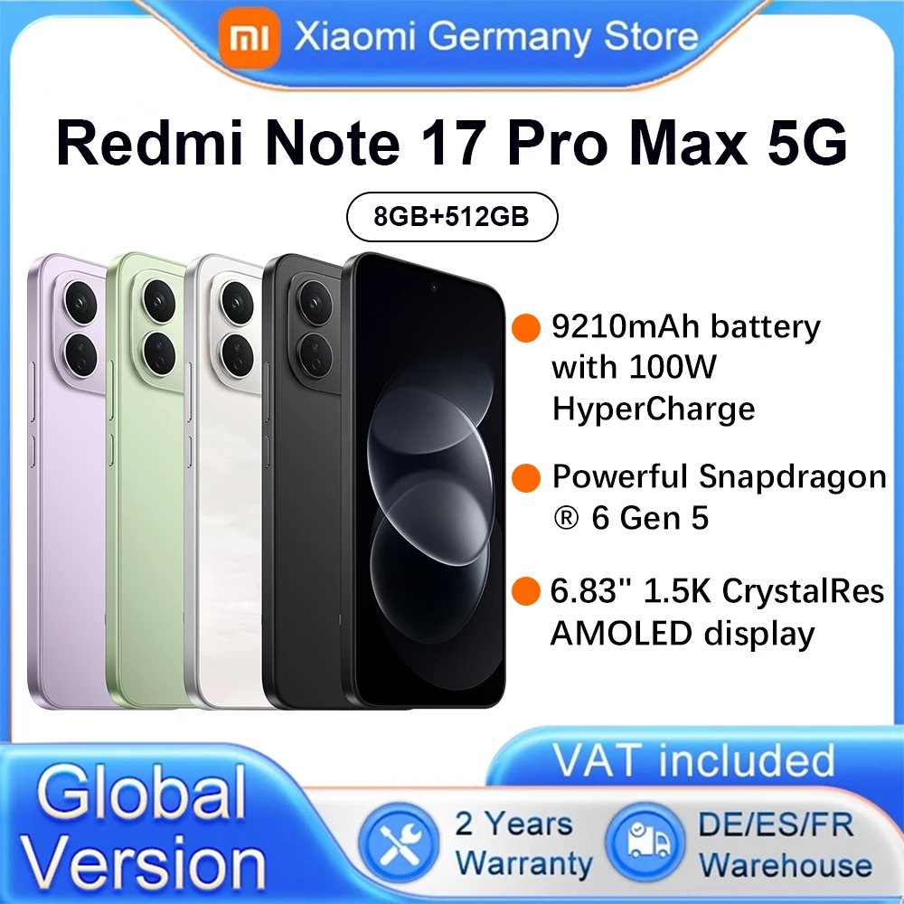 Version Globale Redmi Note 17 Pro Max 5G Smartphone 6,83' 5G Batterie 9210mAh HyperCharge 100W IP66 IP68 Puissant Snapdragon ® 6ème génération 5