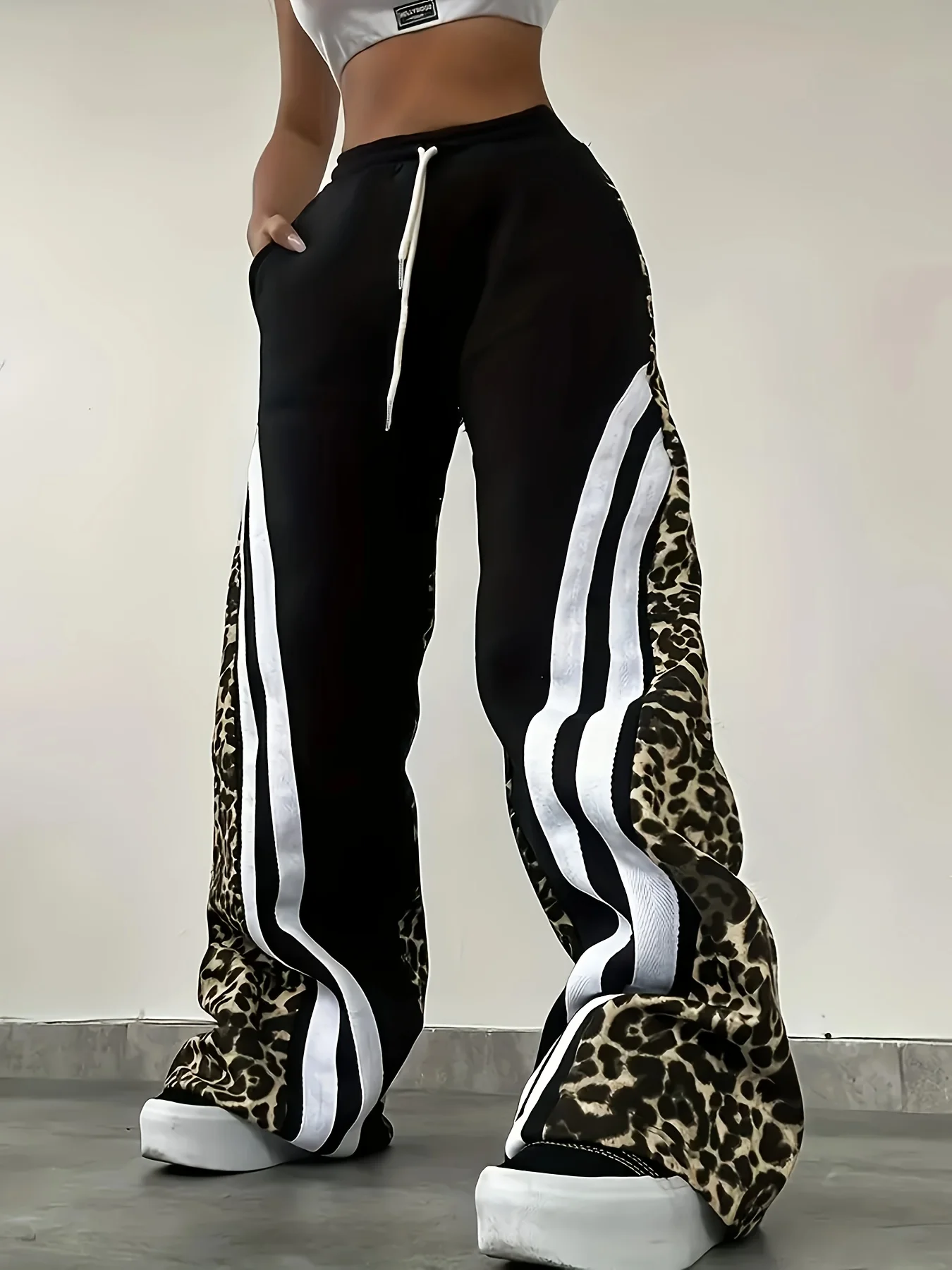 Unisex Summer Quick Dry Wide Leg Pants Leopard Print Spliced White Side Stripe Elastic Waist Hip Hop Streetwear Long Trousers