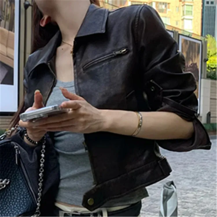 المرأة دراجة نارية نمط قصير بولي Leather سترة جلدية الرجعية فتاة الخريف بلوزة قصيرة غير رسمية الإناث طويلة الأكمام بلون معطف الشتاء