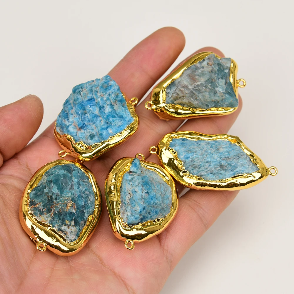 APDGG 5 Pcs Big Natural Blue Apatite Rough Raw Gold Plated Edge Connector Real Stone Jewelry Making DIY