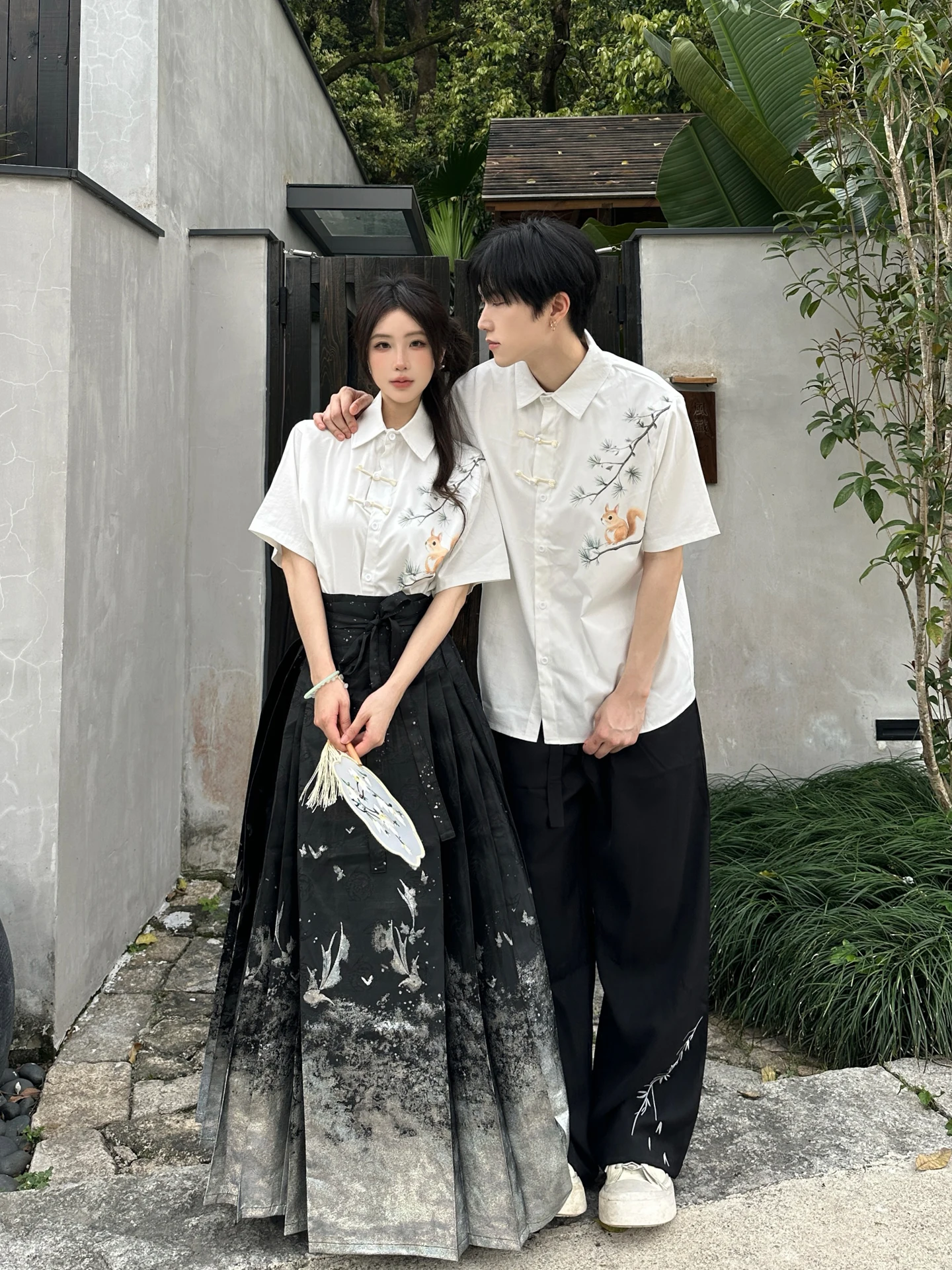 New Chinese Style Couple Outfit Summer Short Sleeve Buttoned Shirt Daily Improved Hanfu Ma Face Skirt Graduation Class Unifor...