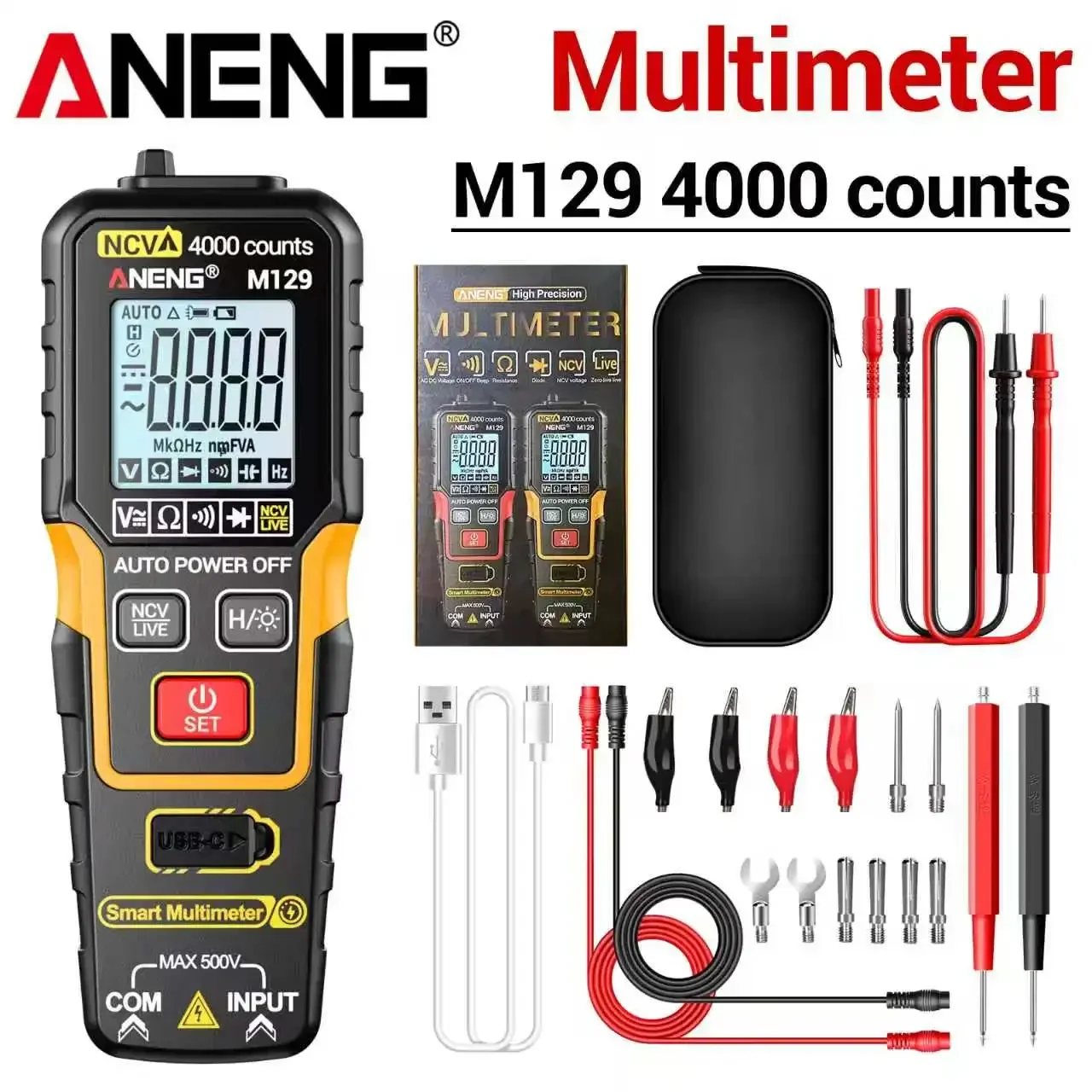 Digital Multimeter Auto Range Smart Tester ANENG M129 NCV Voltage Sensing Diode Portable Rechargeable Electrician Repair Tools