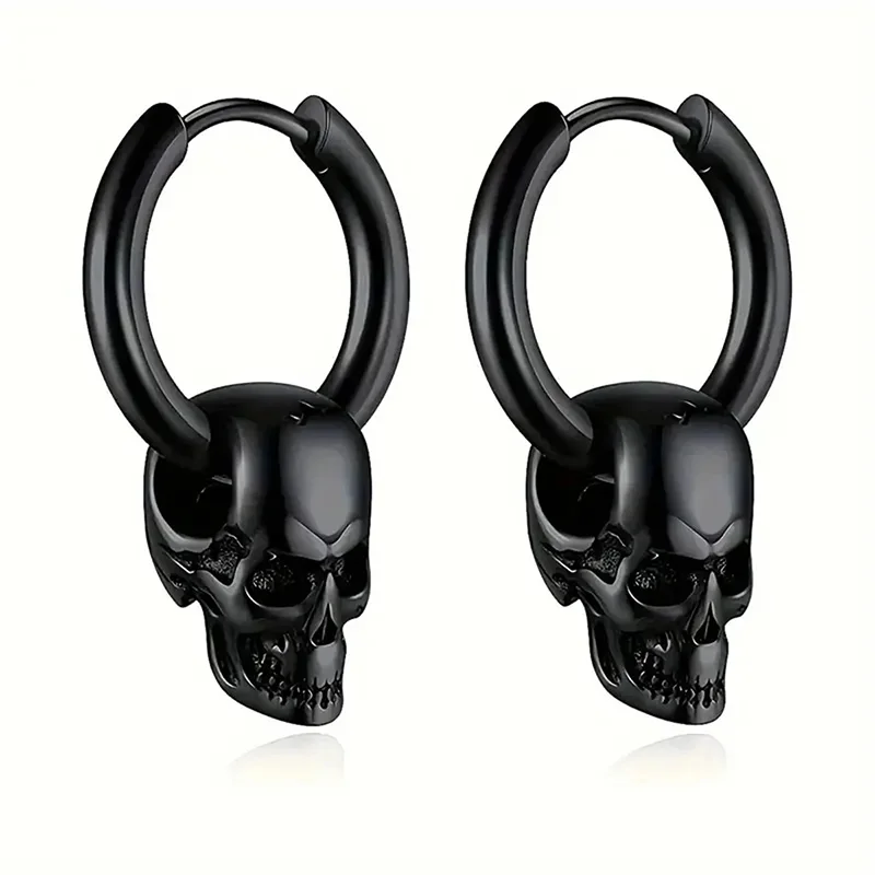 1 Pair Of black Skull Head And Hoops Luxury Earrings of Men's Earring For Jewellery 2024,men's stainless steel earring Women， Go