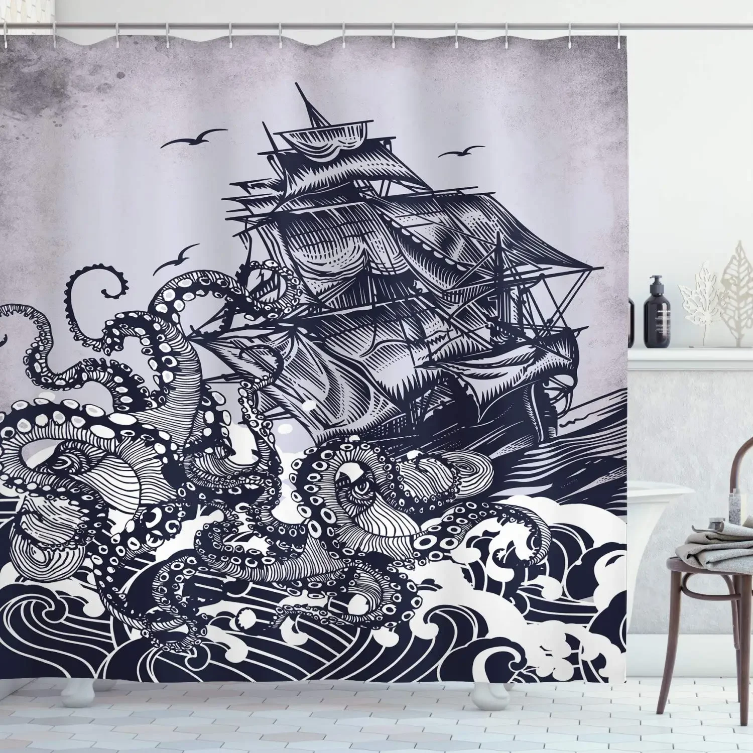 Nautical Shower Curtain Octopus Tentacles with Ship Sail Old Boat In Ocean Waves Cloth Fabric Bathroom Home Decor Set with Hooks