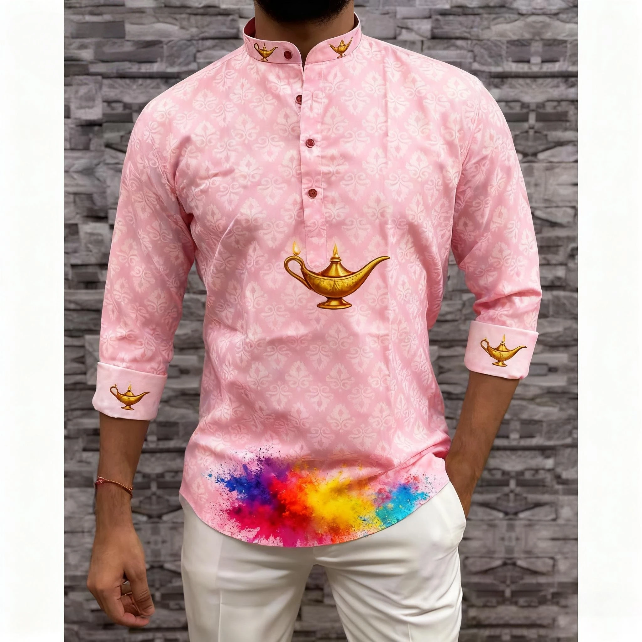 الرجال مسلم بسيط عارضة قميص العرقية الطباعة نمط طويل الأكمام قميص الوقوف طوق البرق رقيقة بلوزة النمط الوطني