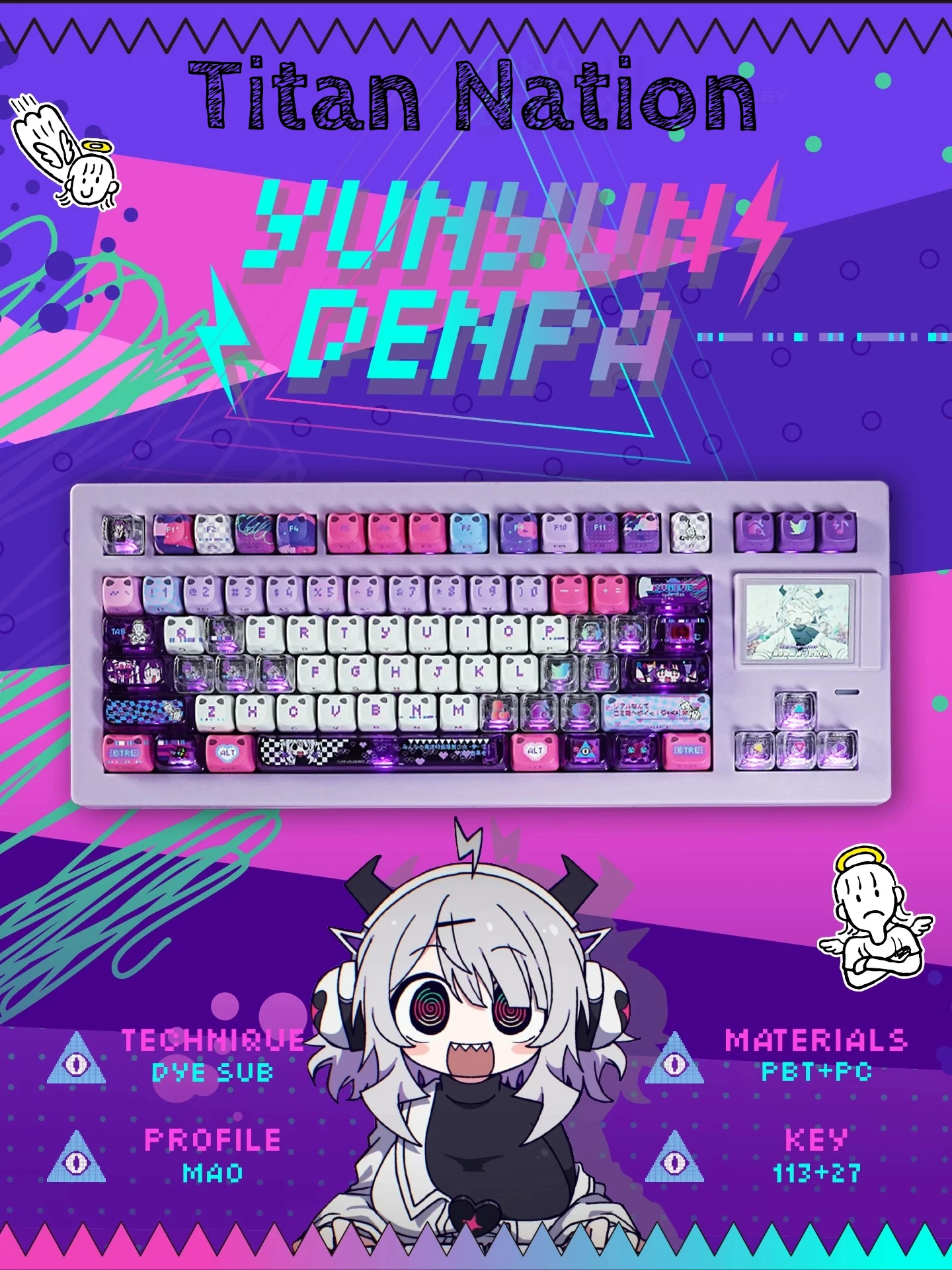 Titan Nation Yunyun Denpa Keycaps PBT Dye-Sublimation MAO Height Purple Cat Ear Translucent Compatible with Wooting