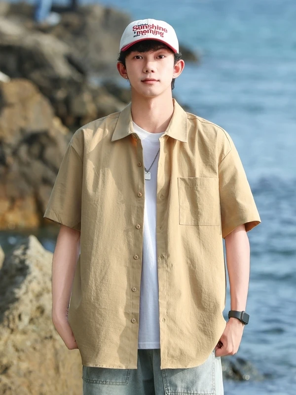 

Summer Men's Loose Short Sleeve Shirt Pure Color Japanese Style Collar Breathable Sweat Absorbent Casual Fashion Polyester Fiber