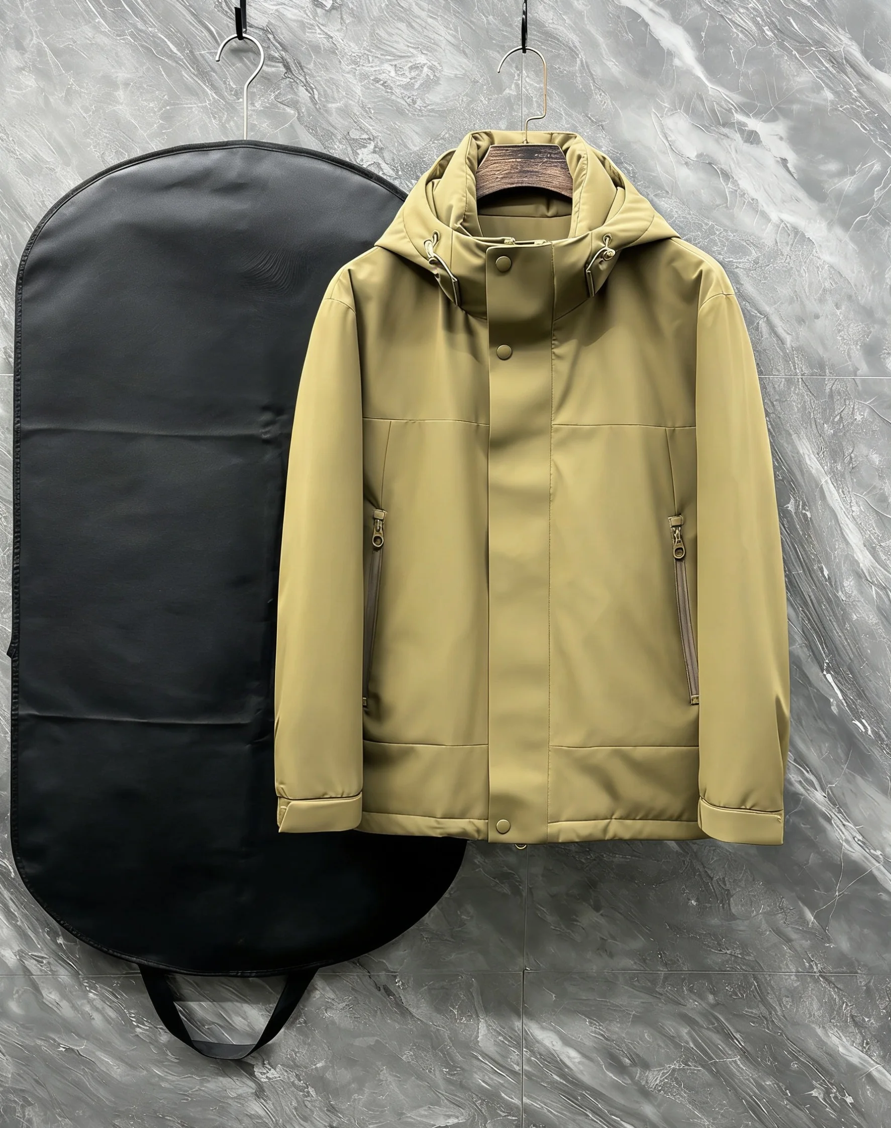 

Men's Khaki Hooded Parka Jacket Waterproof Windproof Winter Casual Loose Outerwear