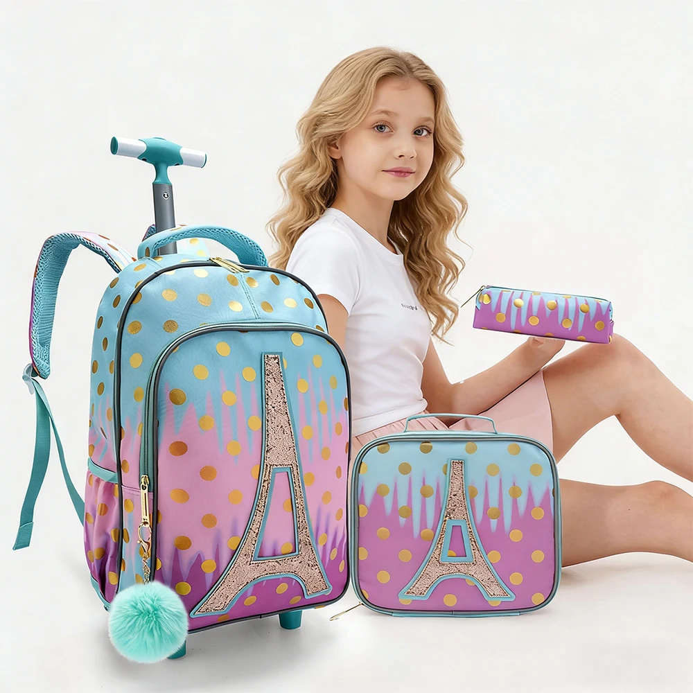 

3PCS Kids travel bag, Luggage Bag, Bookbag with wheels, With Lunch Box And Pen Bag, Gold Tower patter, Nighttime reflective