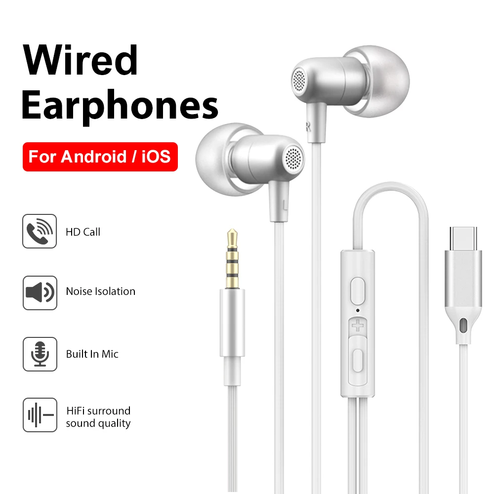 USB Type C Wired Headphones Galaxy iPhone 18 17 16 3.5mm HiFi Stereoscopic Sound Mic Earphone For Samsung Xiaomi Huawei Earphone
