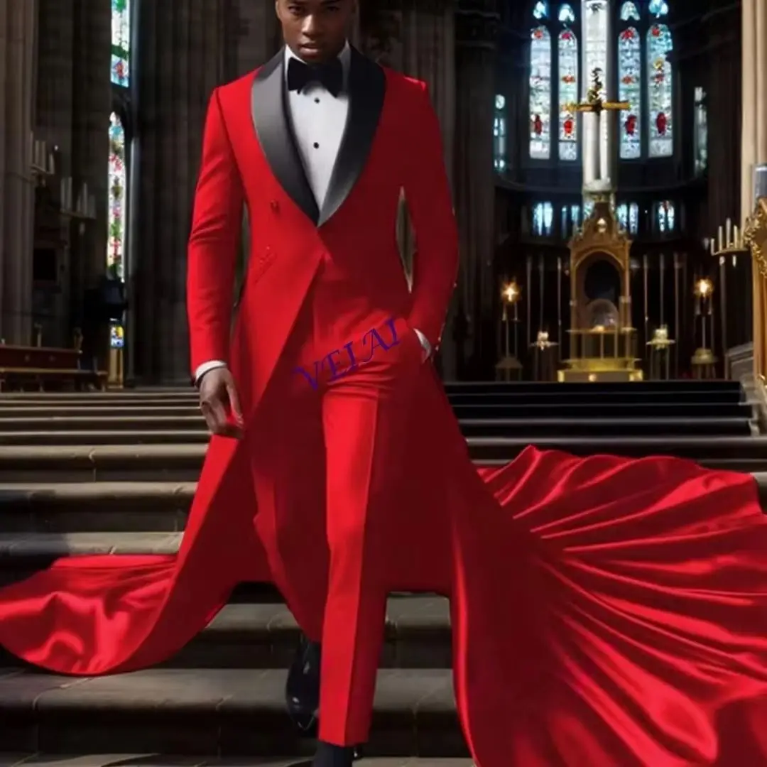Modern Men's Satin Wedding Suits Long Train Shawl Lapel Single Breasted 2 Piece Groom Suits Set Customizable New Style