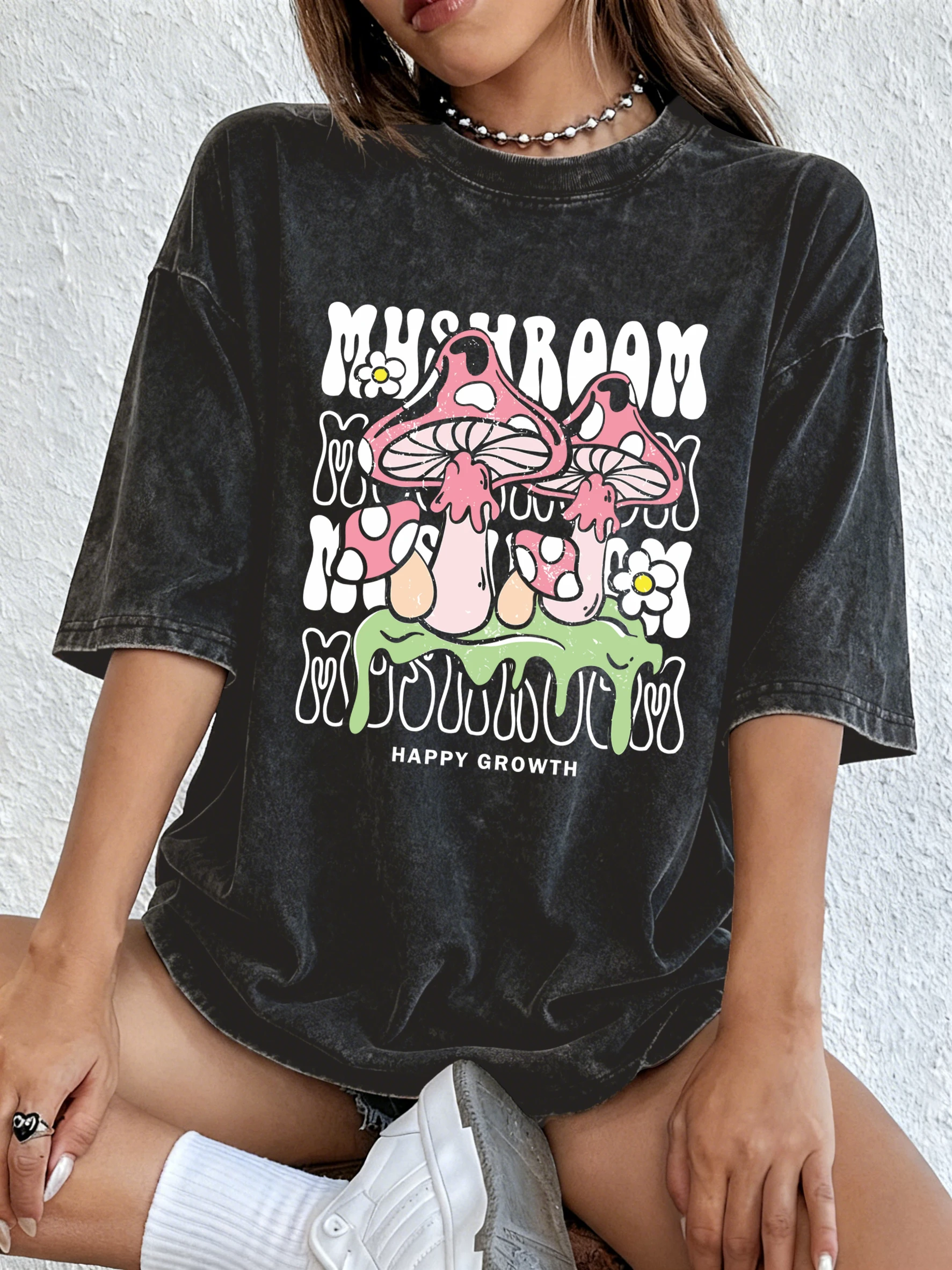 الإبداعية الفطر إلكتروني طباعة غسلها تي شيرت المرأة Y2K كل مباراة ملابس قطنية Crewneck تي شيرت غير رسمي فضفاض الصيف الشارع الشهير #3