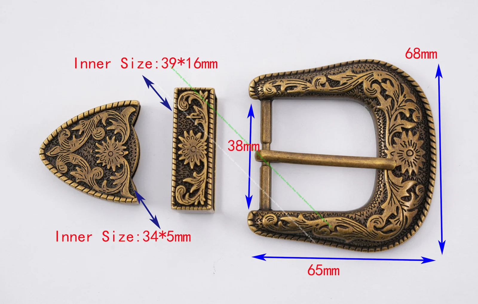 Antique Brass Floral Rope Side Rodeo Western Cowboy Three Piece Set Leathercraft Belt Buckle Unisex 1 1/2\