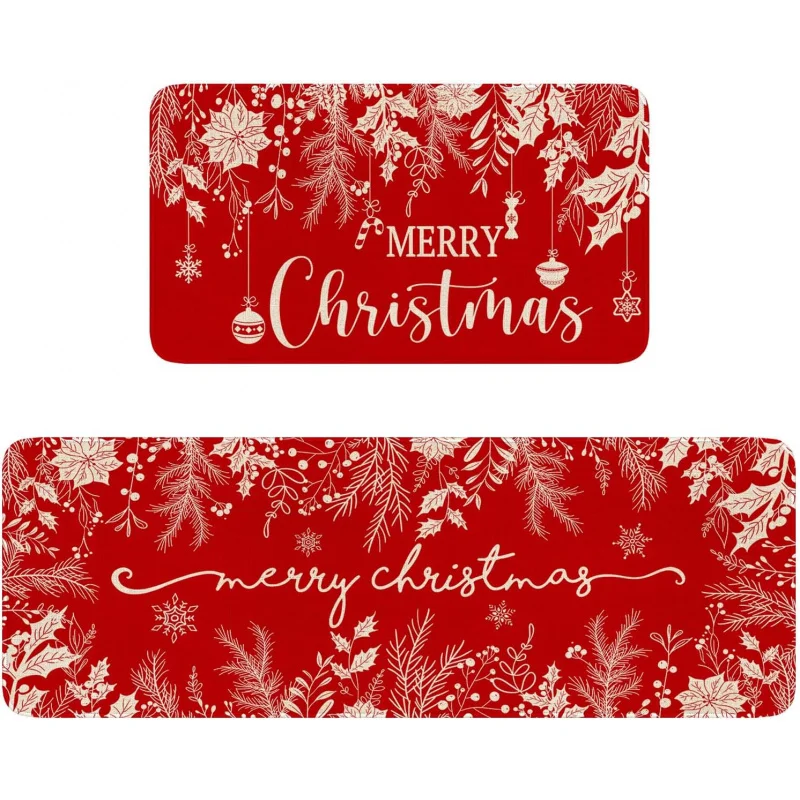 

Merry Christmas, 2-piece set of red kitchen floor mats, holly branches, living room decoration, door mats, 20inX31in 18inX47in