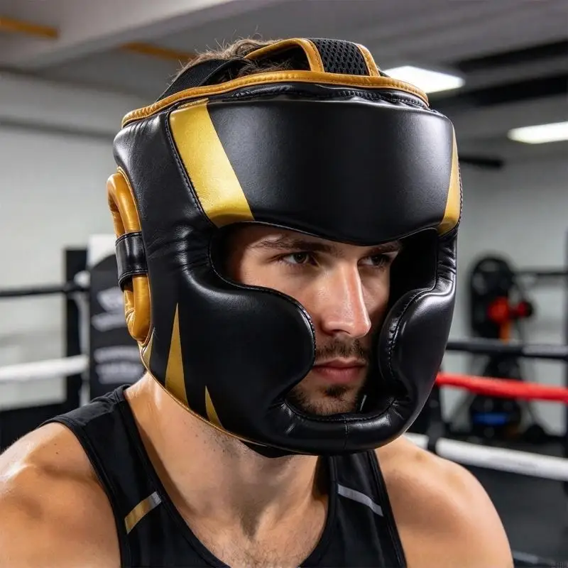 Boxing Helmet with Extended Cheek and Chin Coverage, Adjustable Rear Fastening for Boxing and Combat Sports Training 24BD